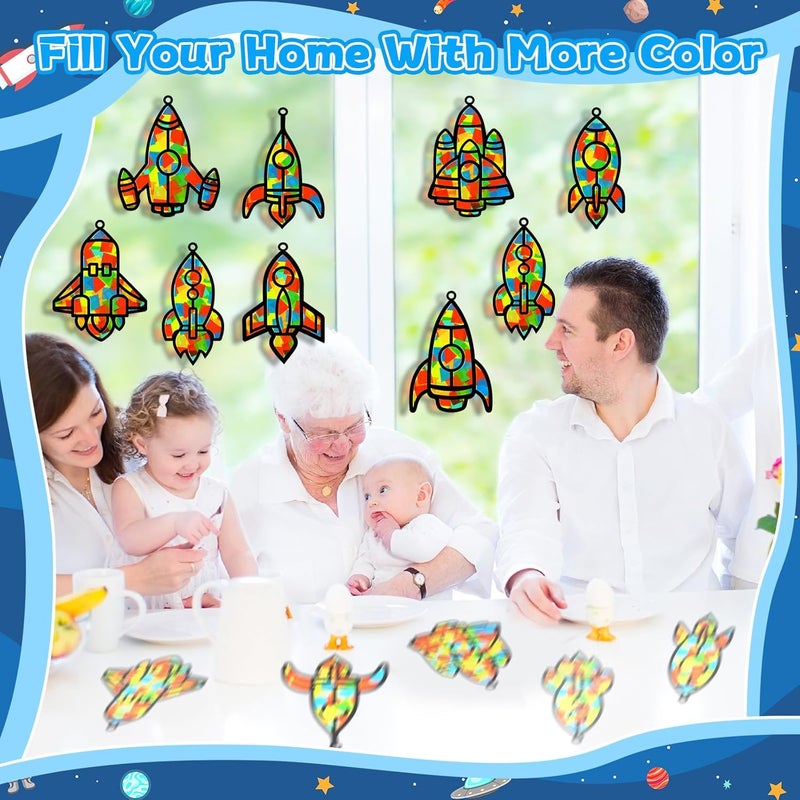 QOUBAI 32 Sets Outer Space Rocket Suncatchers Craft Kit DIY Window Stained Glass Effect Space Theme Paper Crafts for Home School Classroom Decoration Kid Birthday Gifts Creative Art Projects Activity Game - Image 5